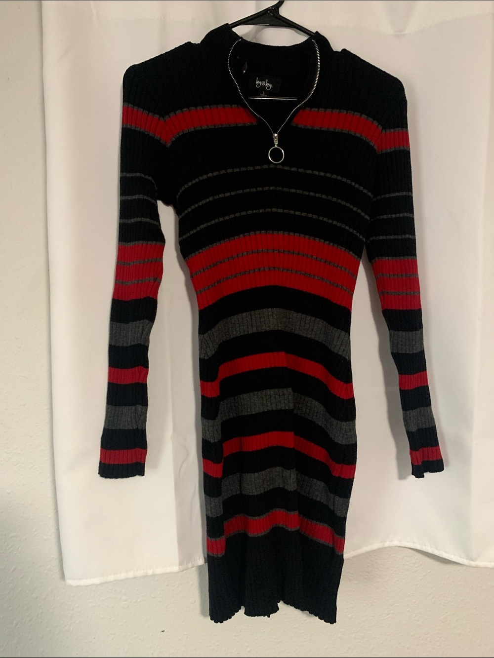 Long Sleeve Ribbed Striped Sweater Dress - Black/Red/Gray
